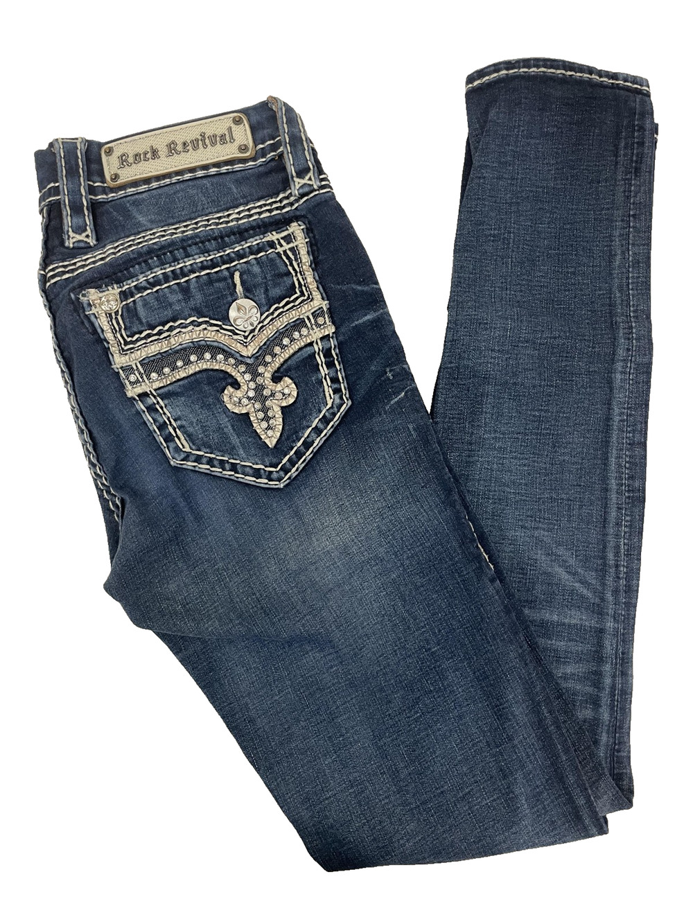Rock Revival Janelle Skinny Jeans Size 27 Flap Pocket Rhinestone Distressed Blue